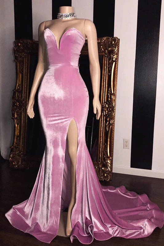 Velvet V-Neck Strapless Mermaid Long Prom Dress For Black Girls