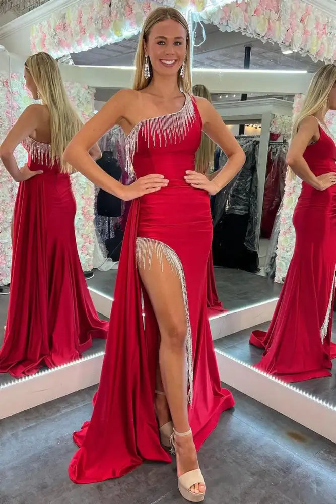 Sexy Satin Fitted One Shoulder Bead-Fringed Long Prom Dress