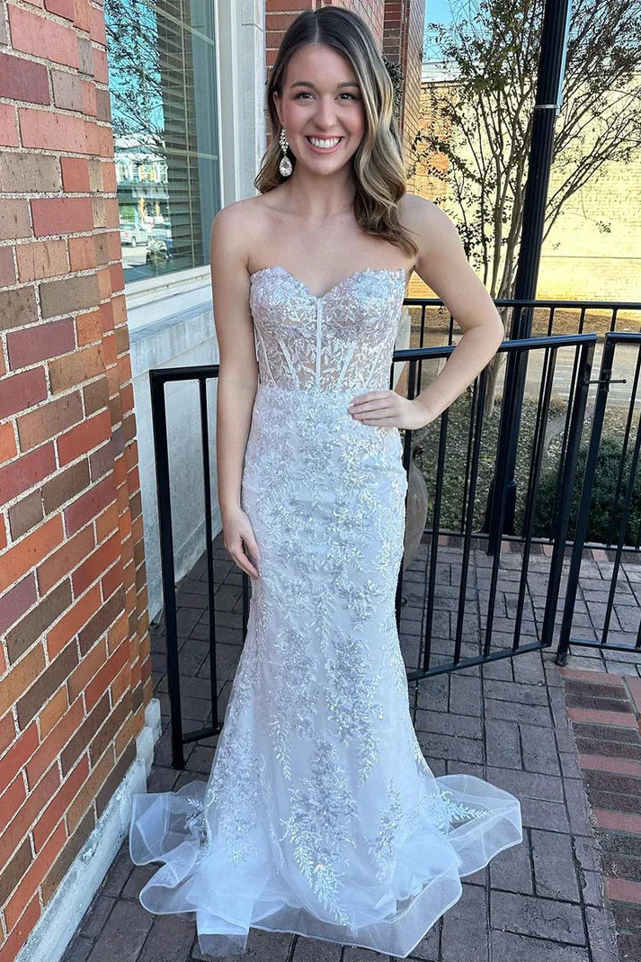 White Lace Mermaid Sweetheart Empire Long Party Prom Dress