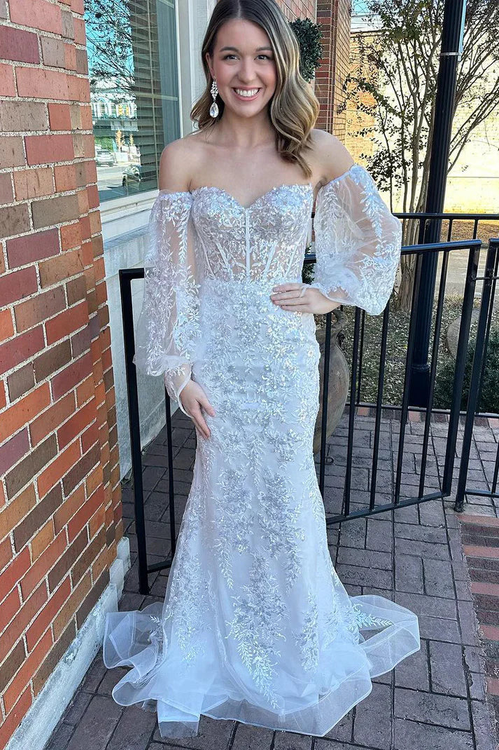 White Lace Mermaid Sweetheart Empire Long Party Prom Dress