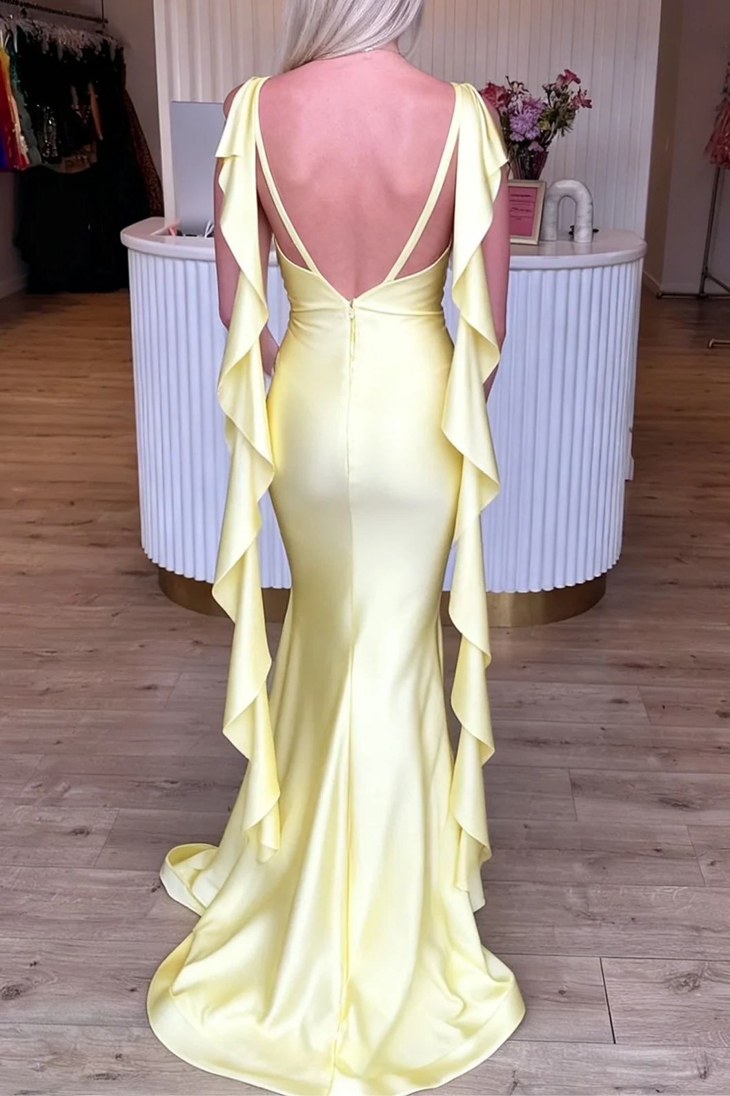 Yellow Satin V-Neck Open Back Mermaid Party Prom Dress Movousdress Yellow Satin V-Neck Open Back Mermaid Party Prom Dress Movousdress