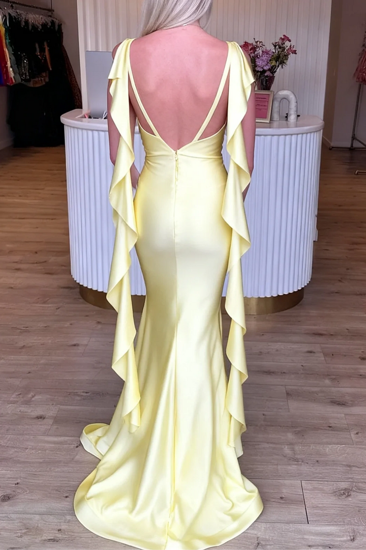 Yellow Satin V-Neck Open Back Mermaid Party Prom Dress