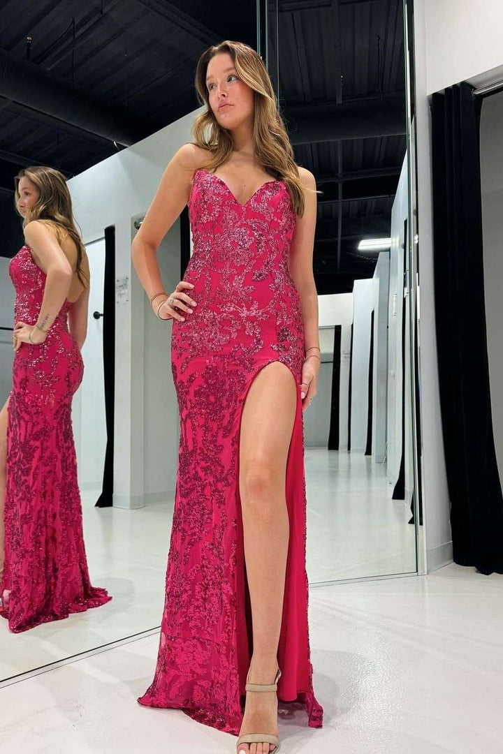 Sexy Satin Fitted V-Neck Halter Appliques With Side Slit Prom Dress