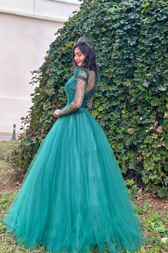 Tulle A-Line V-Neck Long Empire Sleeves Sequins Prom Dress