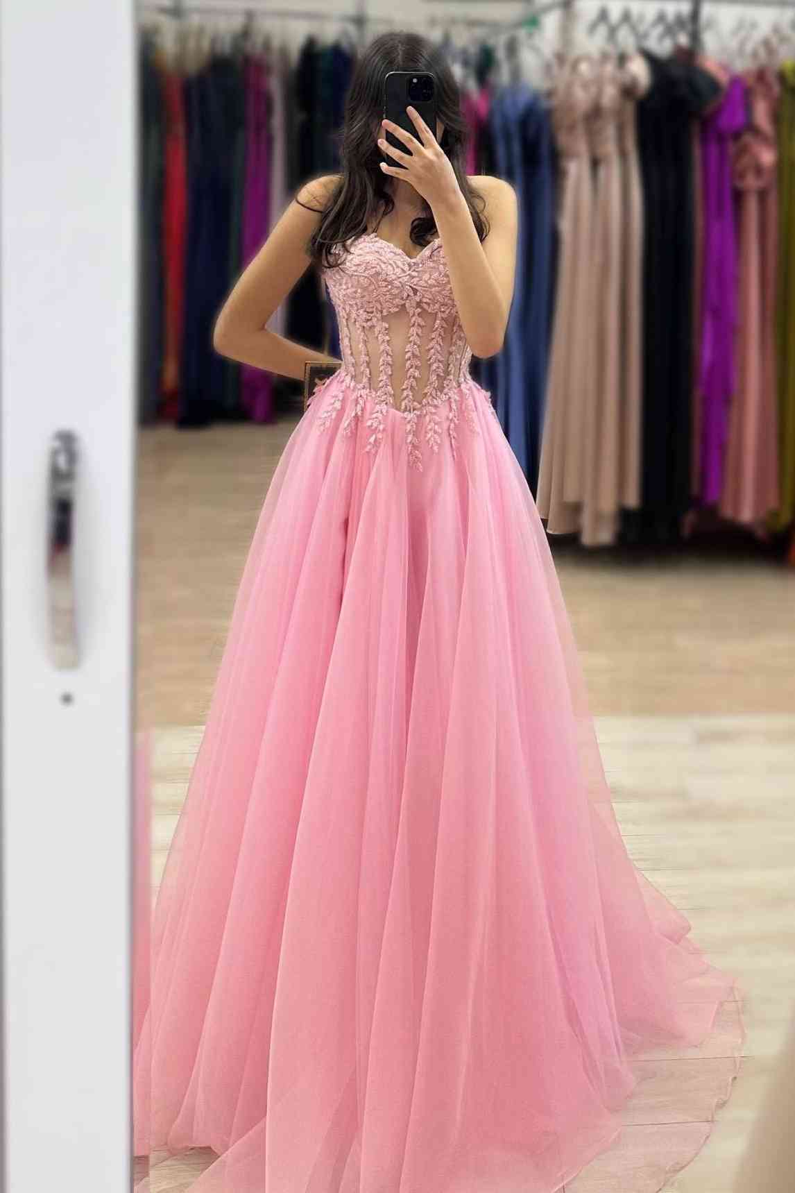 Cute Tulle A-Line Sweetheart Spaghetti Straps Beaded Prom Dress