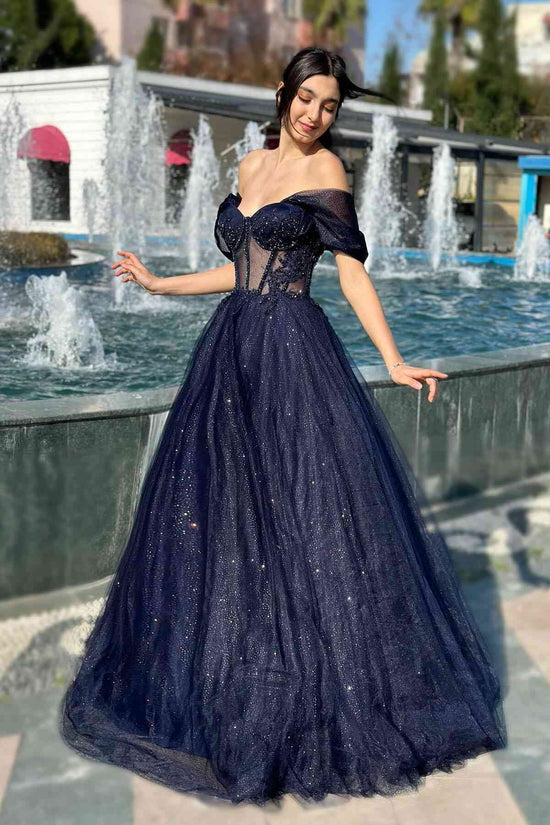 Sparkly Tulle A-Line Off-Shoulder Sheer Empire Prom Dress