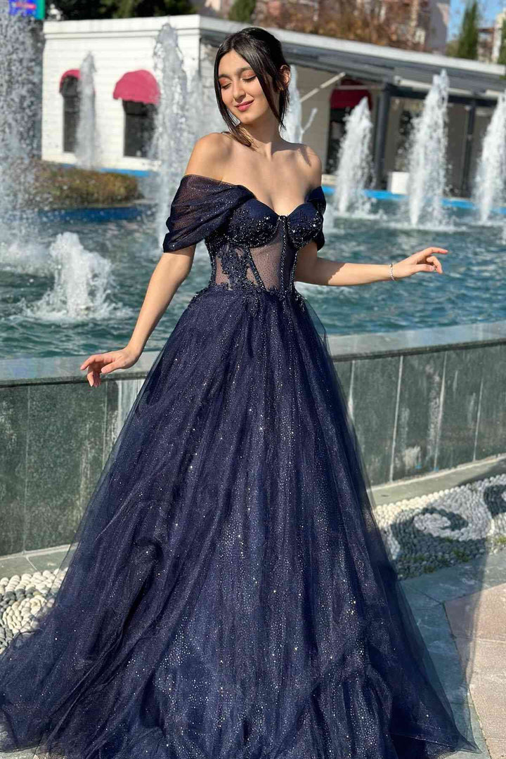 Sparkly Tulle A-Line Off-Shoulder Sheer Empire Prom Dress