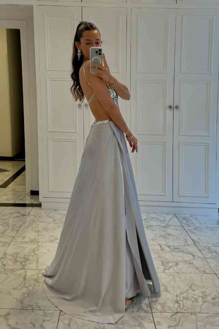 Simple Satin A-Line V-Neck Spaghetti Straps Beaded Prom Dress