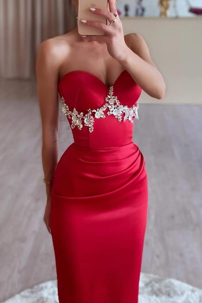 Sexy Satin Fitted Sweetheart Strapless Beaded Prom Dress