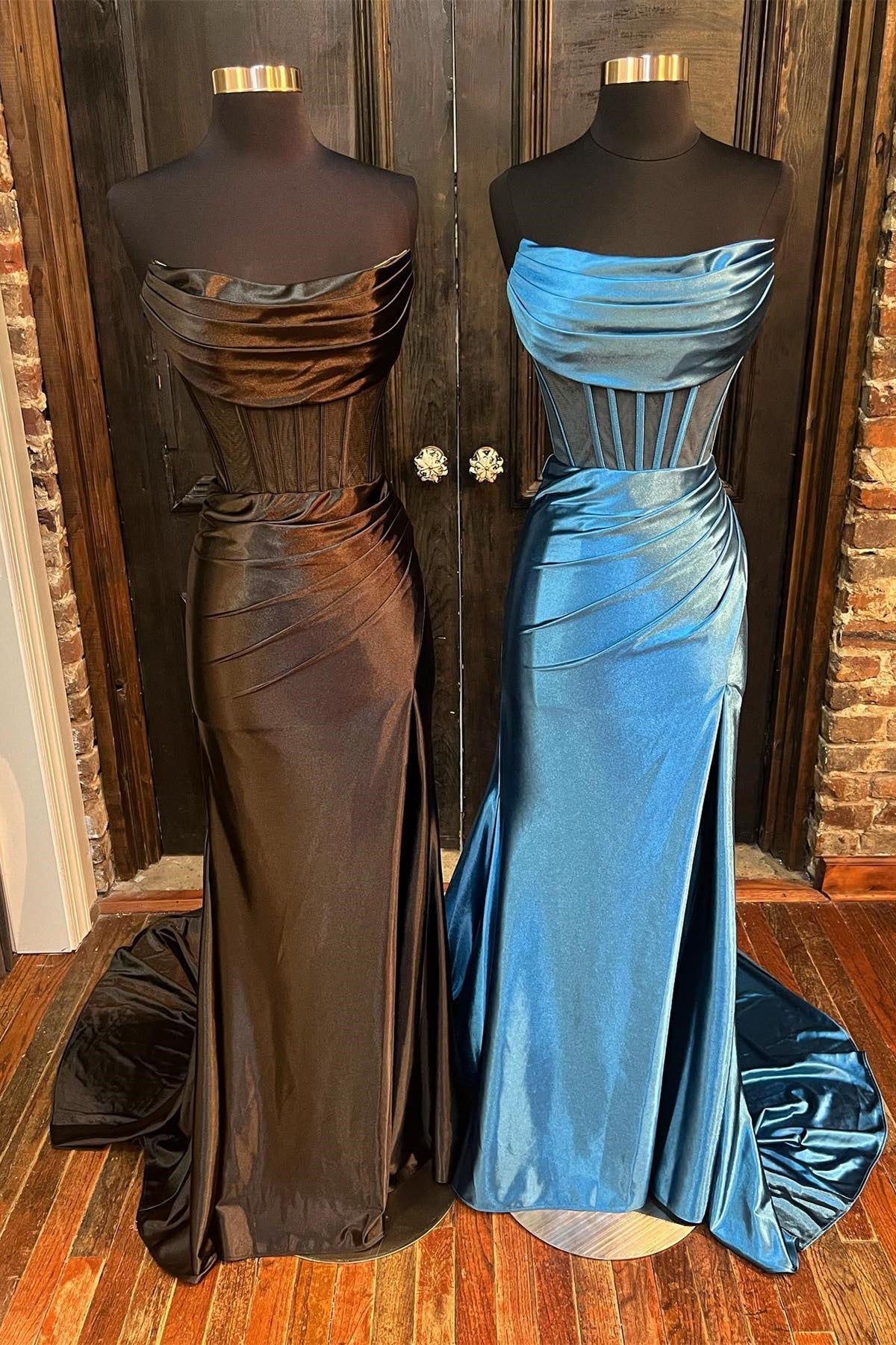 Black & Blue Satin Strapless High Slit Mermaid  Long Prom Dress