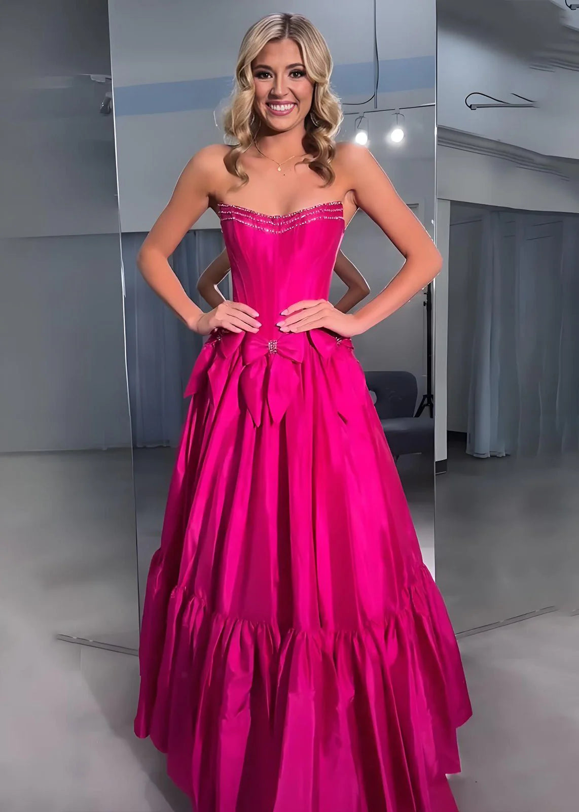 Strapless Empire Satin A-Line With Bowknots Long Party Prom Dress