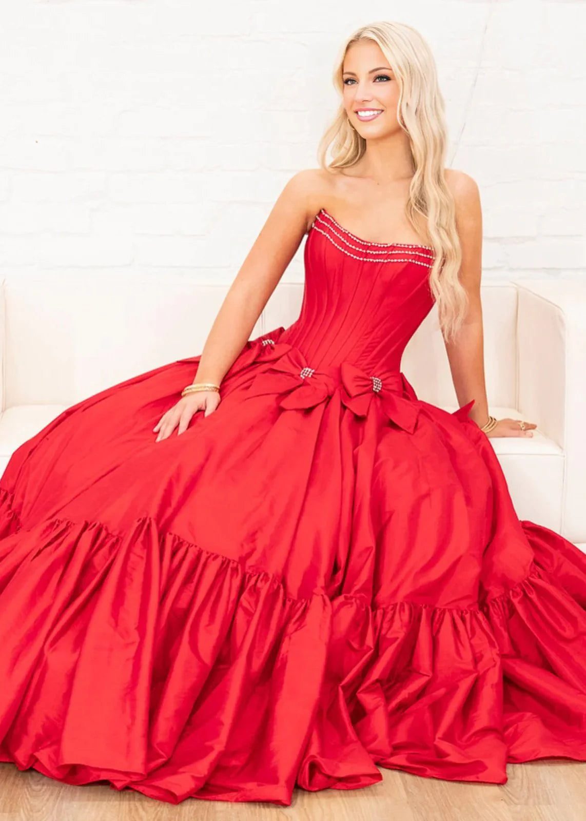 Strapless Empire Satin A-Line With Bowknots Long Party Prom Dress