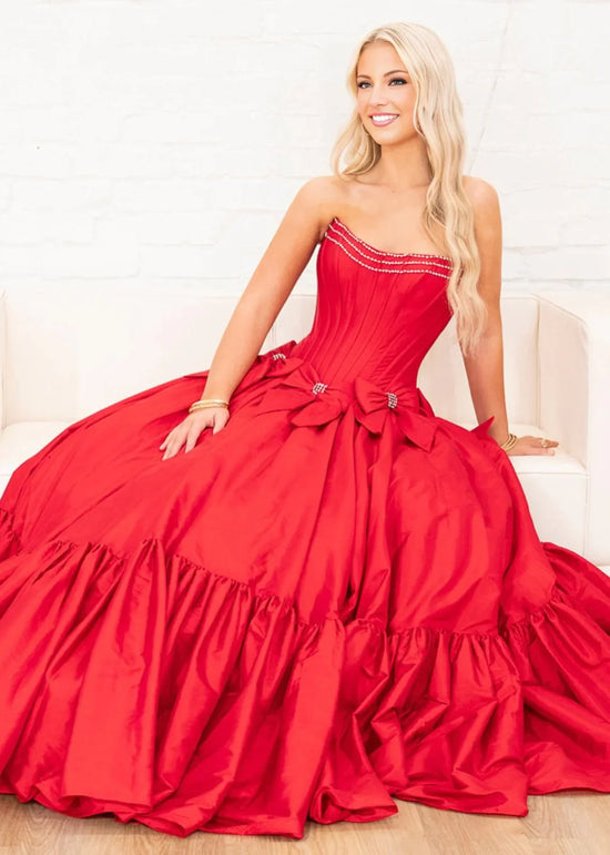 Strapless Empire Satin A-Line With Bowknots Long Party Prom Dress