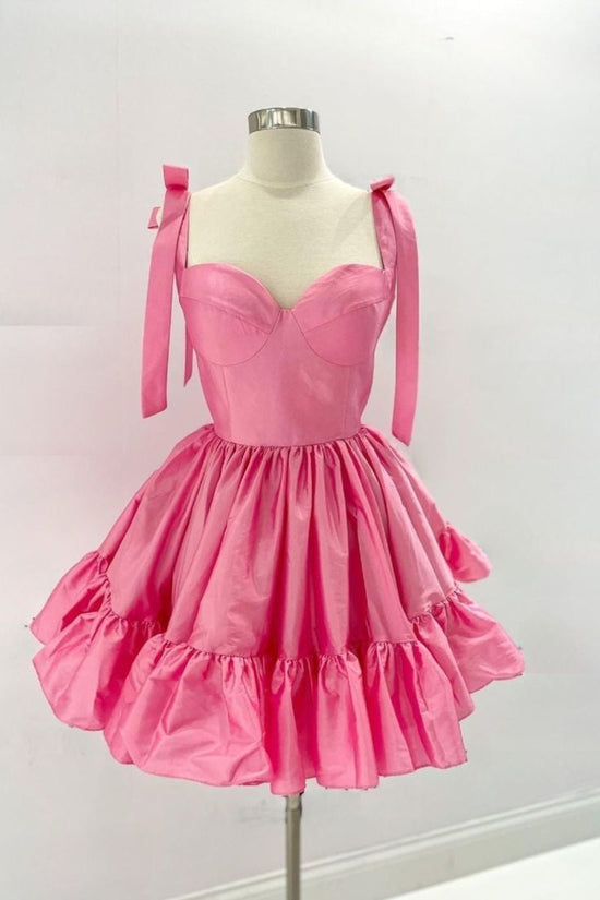 A-line Pink Bow Tie Straps Satin Ruffled Homecoming Dress