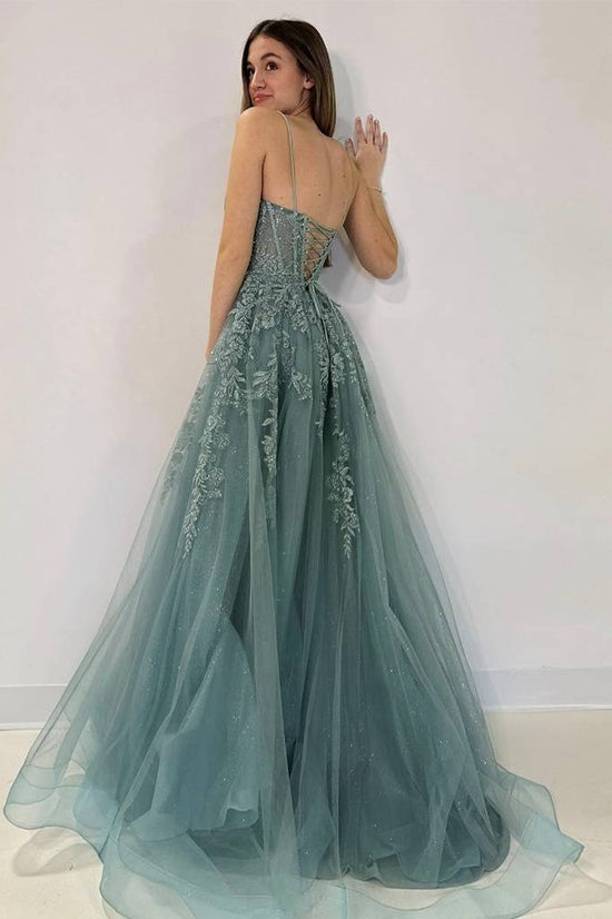 Elegant Tulle A-Line V-NeckLace  Appliques Long Prom Dress