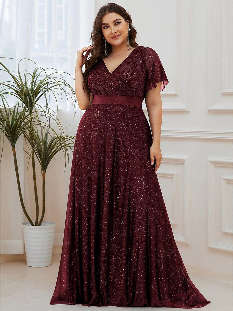 Glitter Chiffon A-Line V-Neck Short Sleeves Bridesmaid Dress