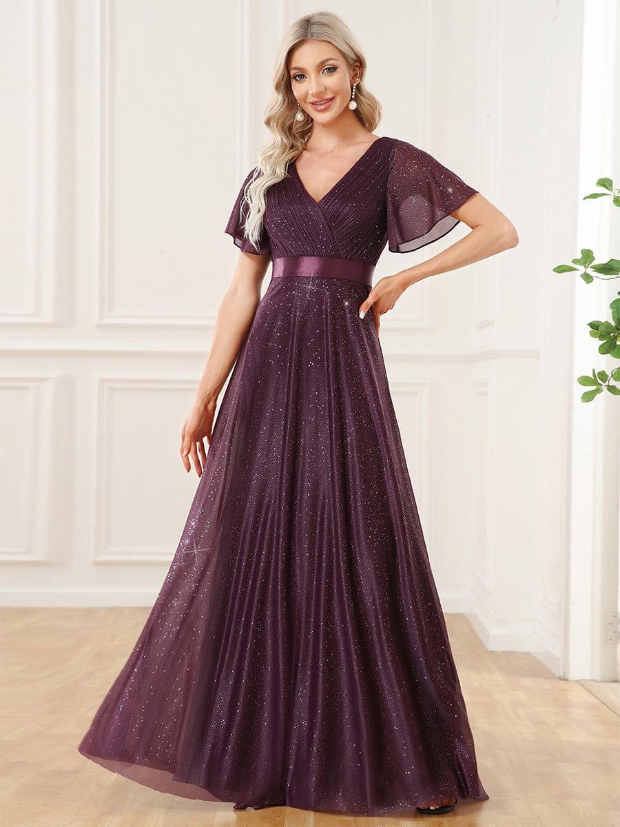 Glitter Chiffon A-Line V-Neck Short Sleeves Bridesmaid Dress