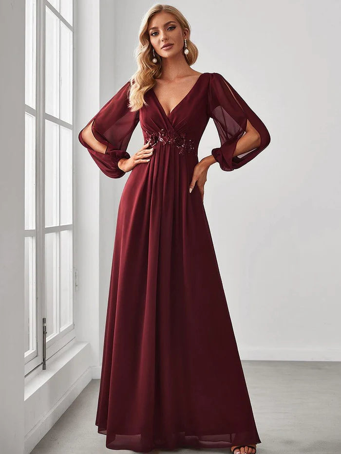 Chiffon A-Line V-Neck Long Sleeves Appliques Formal Party Dress