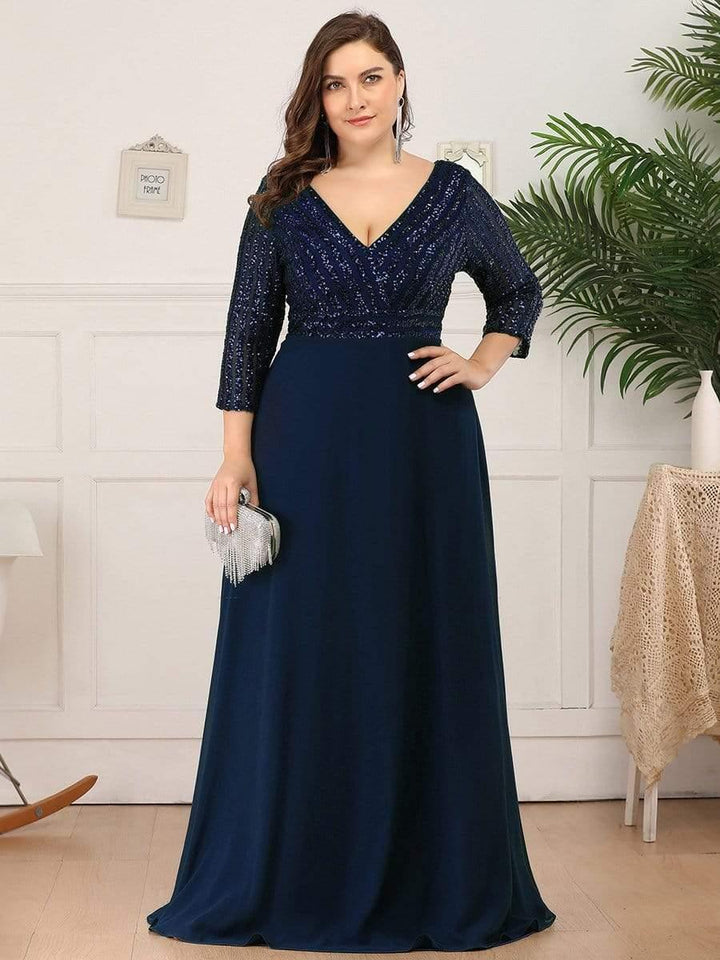 A-Line V-Neck Quarter Sleeves Empire Long Formal Evening Dress