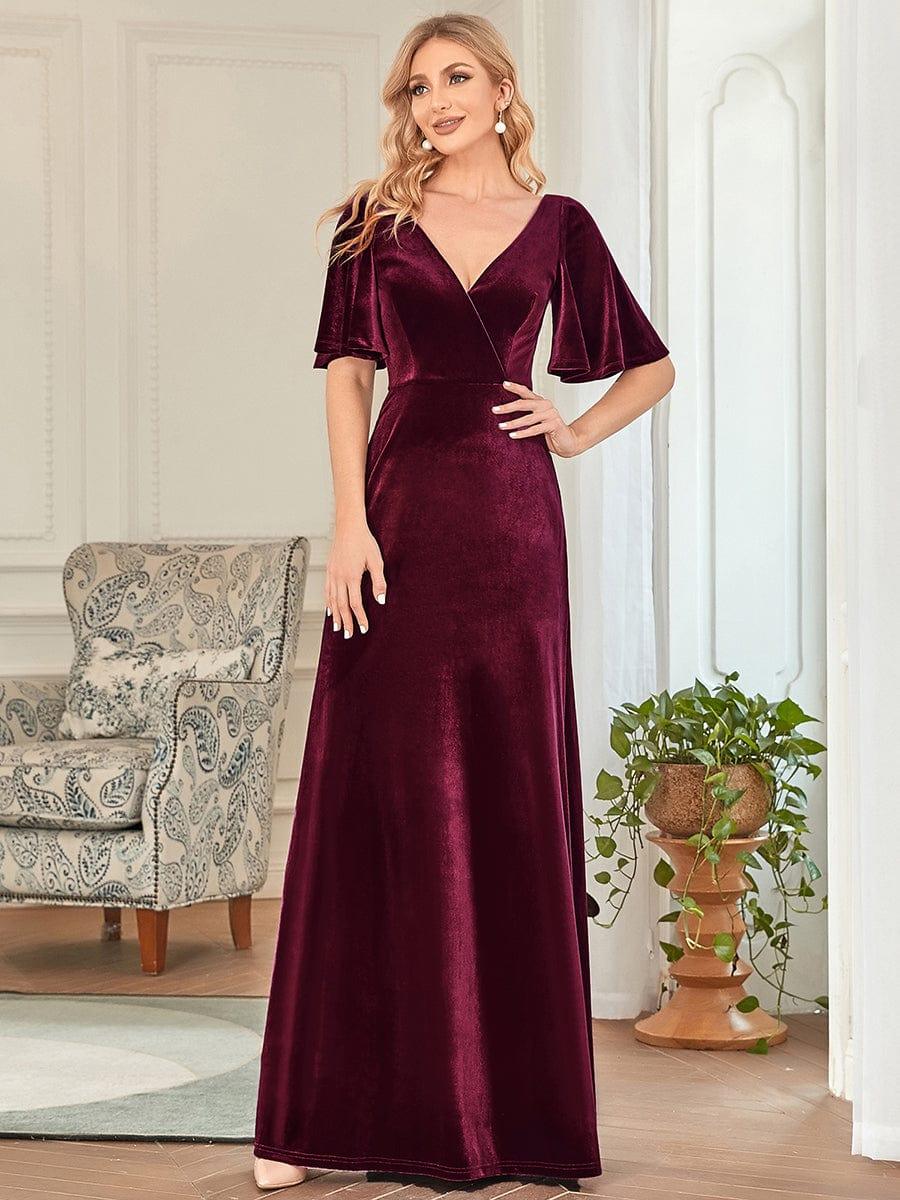Velvet A-Line V-Neck Bell Sleeves Long Evening Dress