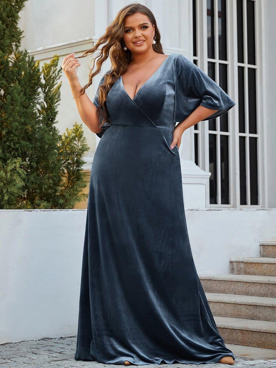 Velvet A-Line V-Neck Bell Sleeves Long Evening Dress