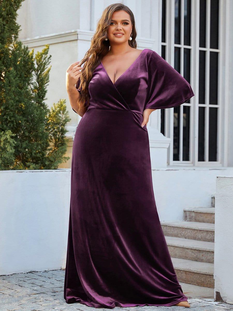 Velvet A-Line V-Neck Bell Sleeves Long Evening Dress