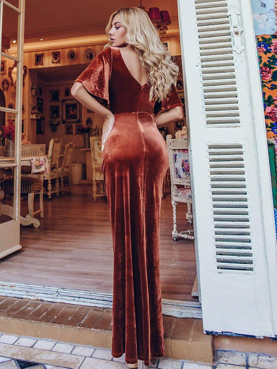 Chic Velvet A-Line V0Neck Bell Sleeves Maxi Bridesmaid Dress