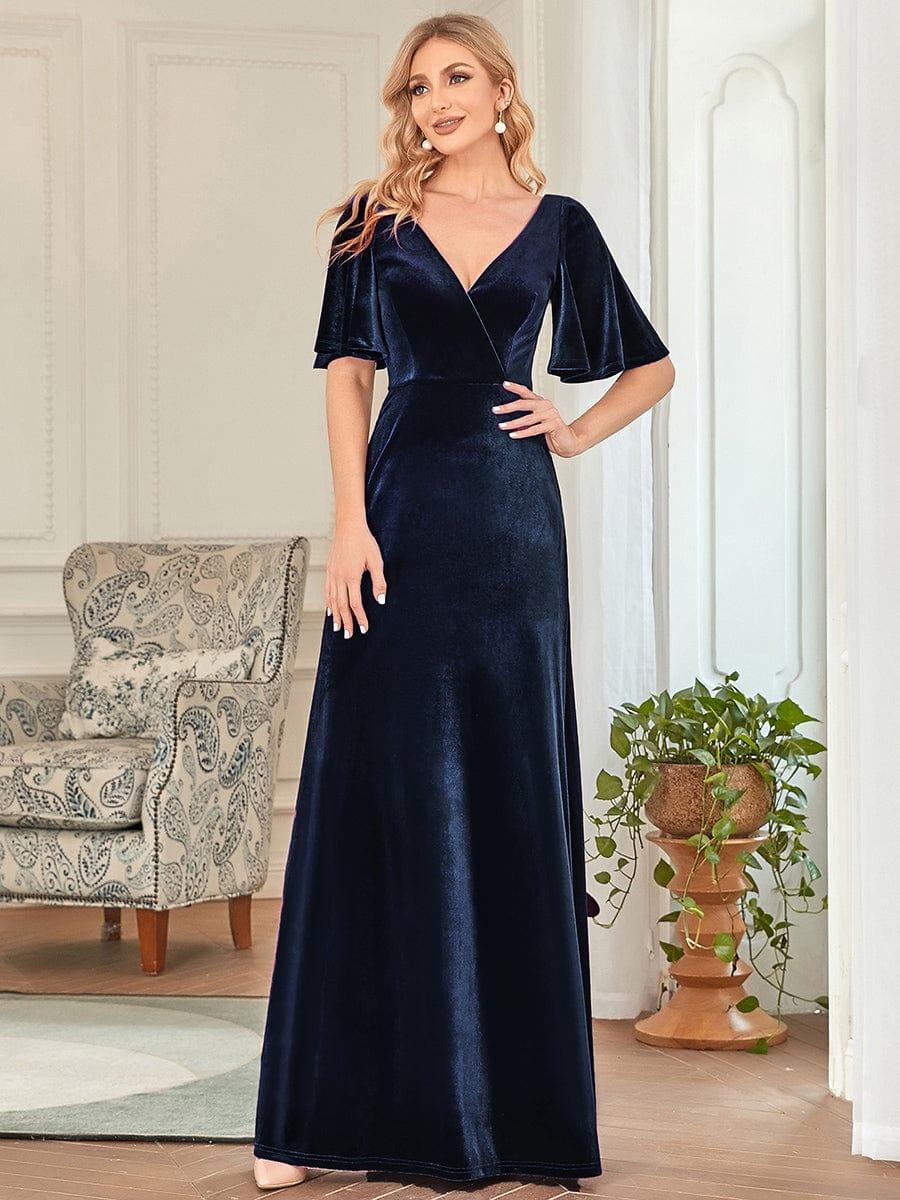 Velvet A-Line V-Neck Bell Sleeves Long Evening Dress