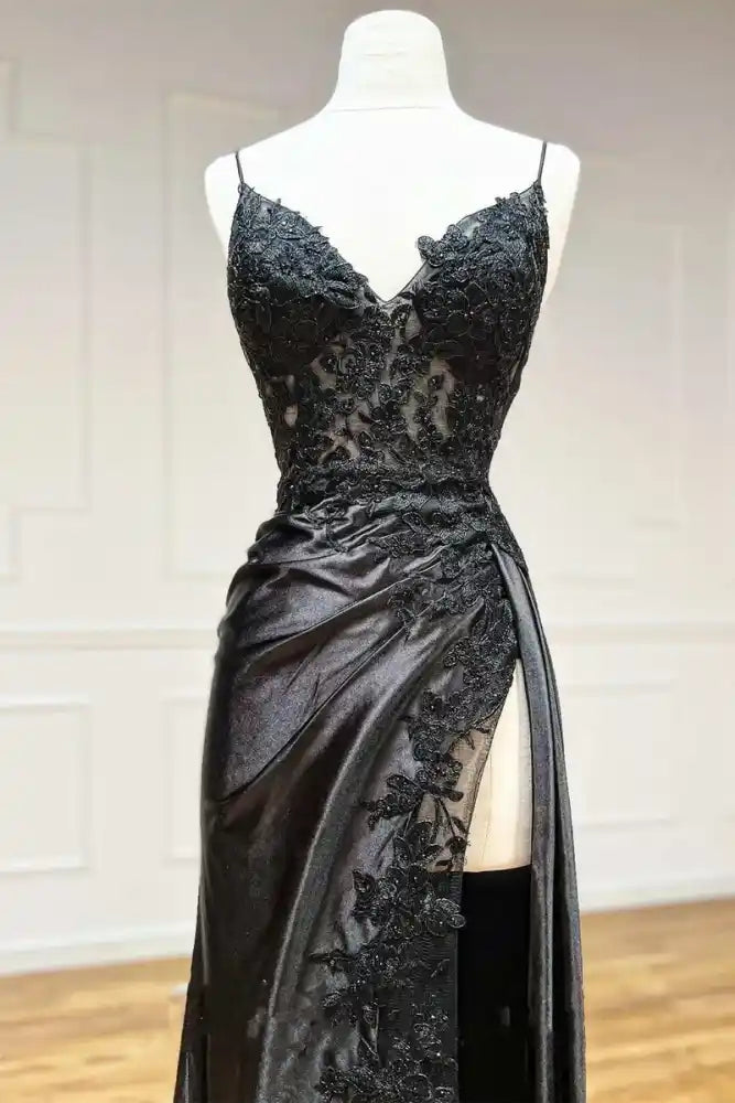 Chic Satin Fitted V-Neck Spaghetti Straps Lace Applique Prom Dress