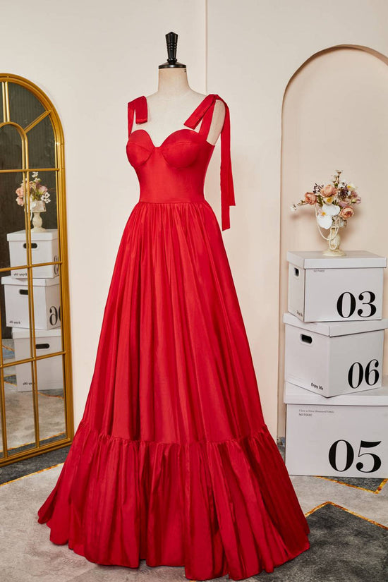 Bow Tie Straps Red A-line Satin Ruffle Long Prom Dress