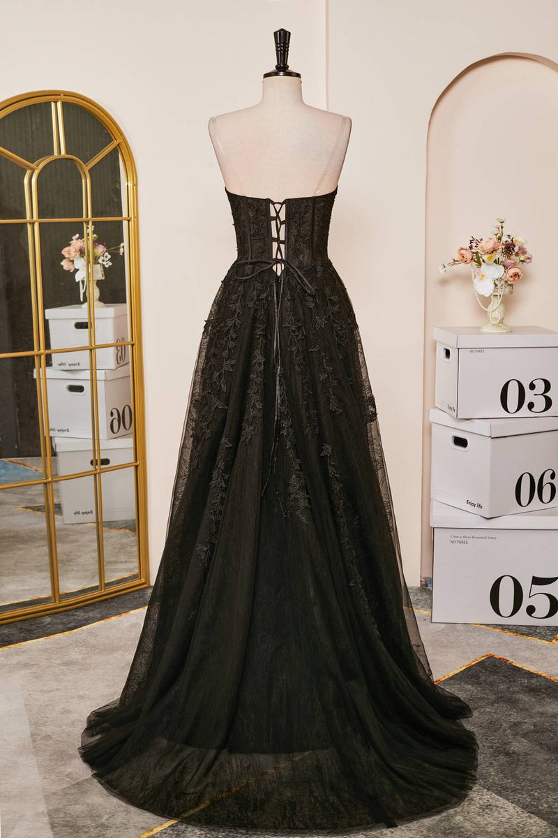 Lace-Up Black Strapless Lace Appliques A-line  Prom Dress