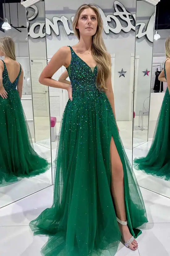 Chic Tulle A-Line V-Neck Handmade Beaded Long Prom Dress