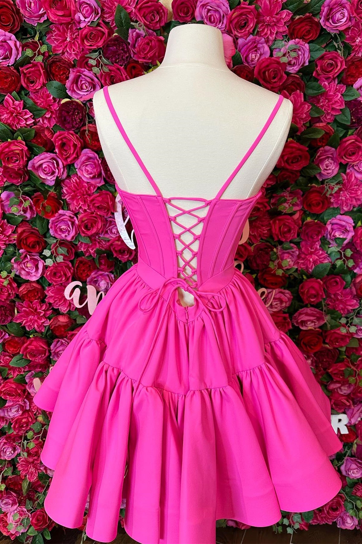 A-line Hot Pink Ruffled Criss Cross Back Homecoming Dress