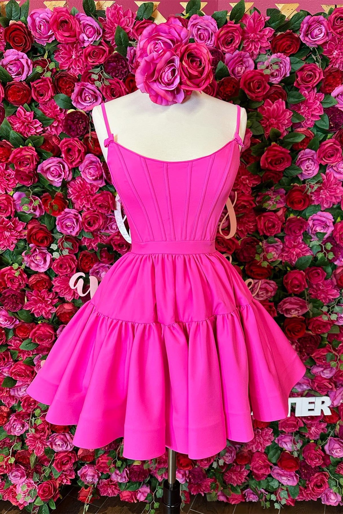 A-line Hot Pink Ruffled Criss Cross Back Homecoming Dress