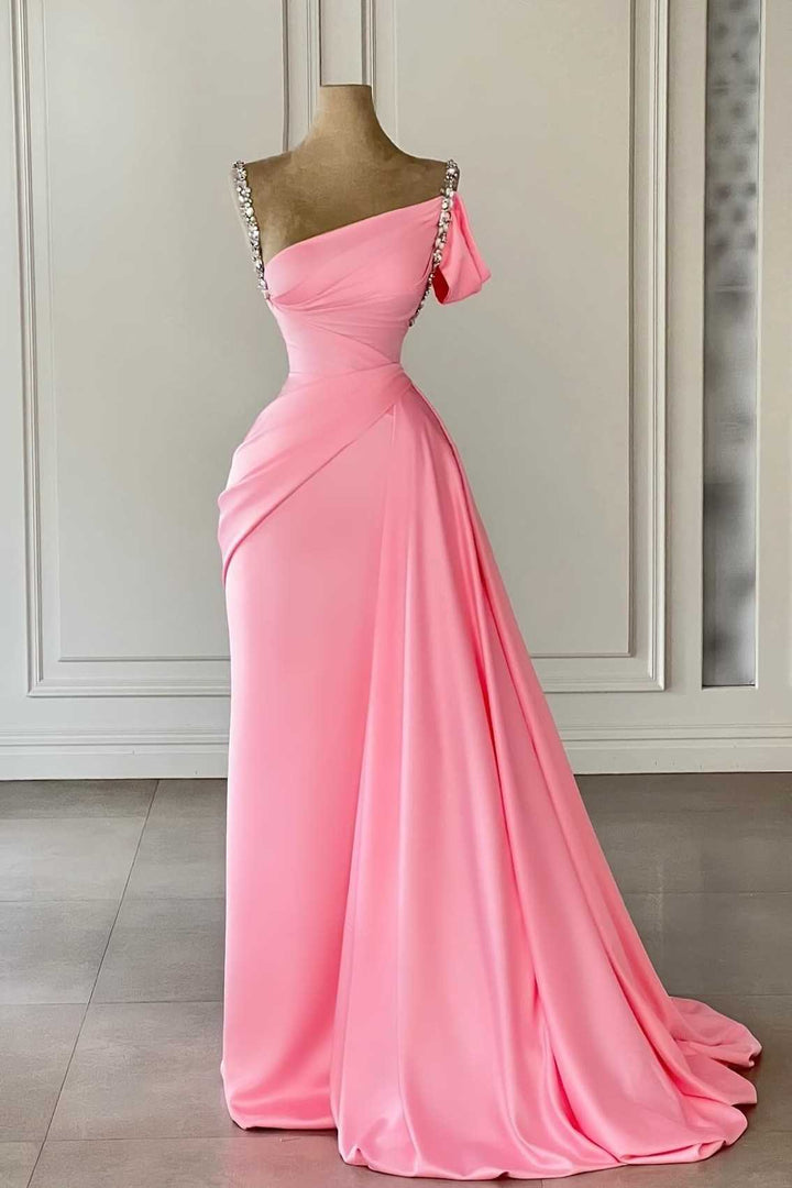 Chic Satin Fitted Empire Beaded With Train Sleeveless Prom Dress