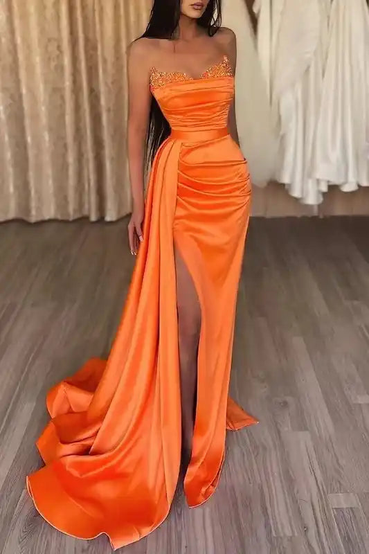 Casual Satin Fitted Strapless Beaded Long Prom Dress