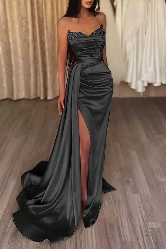 Casual Satin Fitted Strapless Beaded Long Prom Dress