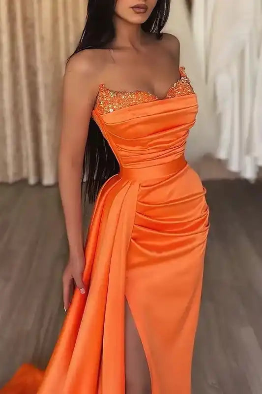 Casual Satin Fitted Strapless Beaded Long Prom Dress