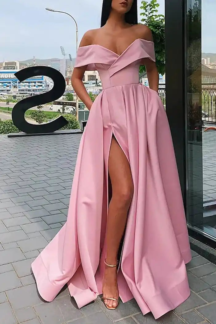 Satin A-Line Off-Shoulder With Side Slit Long Prom Dress