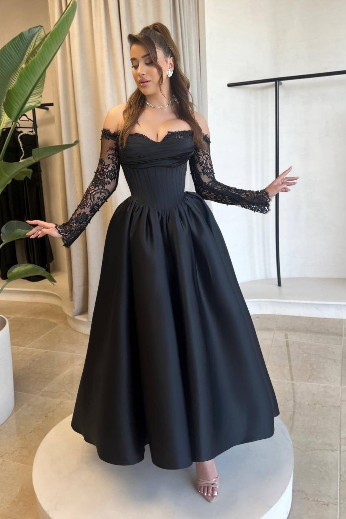 Elegant Satin A-Line Off-Shoulder Long Sleeves Prom Dress