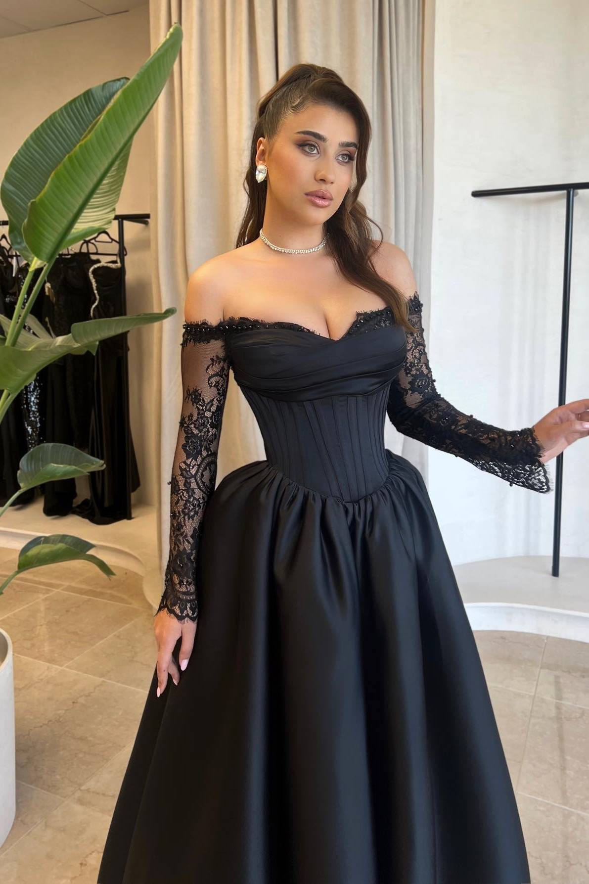 Elegant Satin A-Line Off-Shoulder Long Sleeves Prom Dress