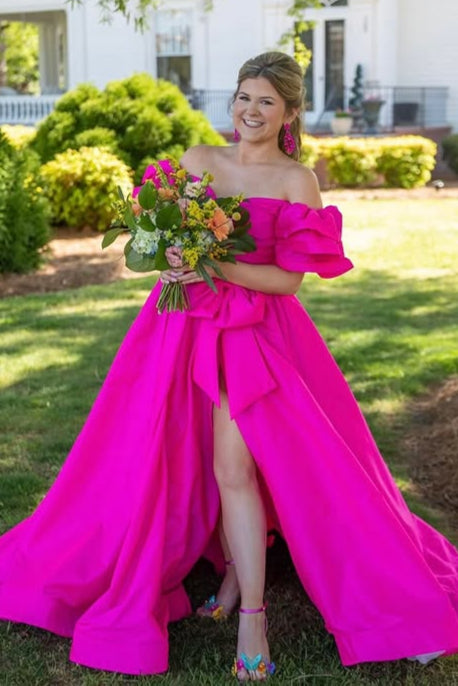 Satin A-Line Empire Ruffled Straps Party Prom Dress With Slit