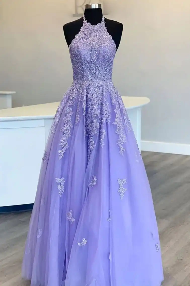 Sexy A-Line High Neck Sleeveless Lace Applique Long Prom Dress