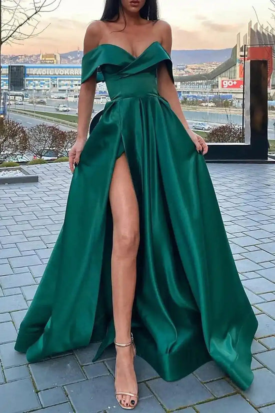 Satin A-Line Off-Shoulder With Side Slit Long Prom Dress