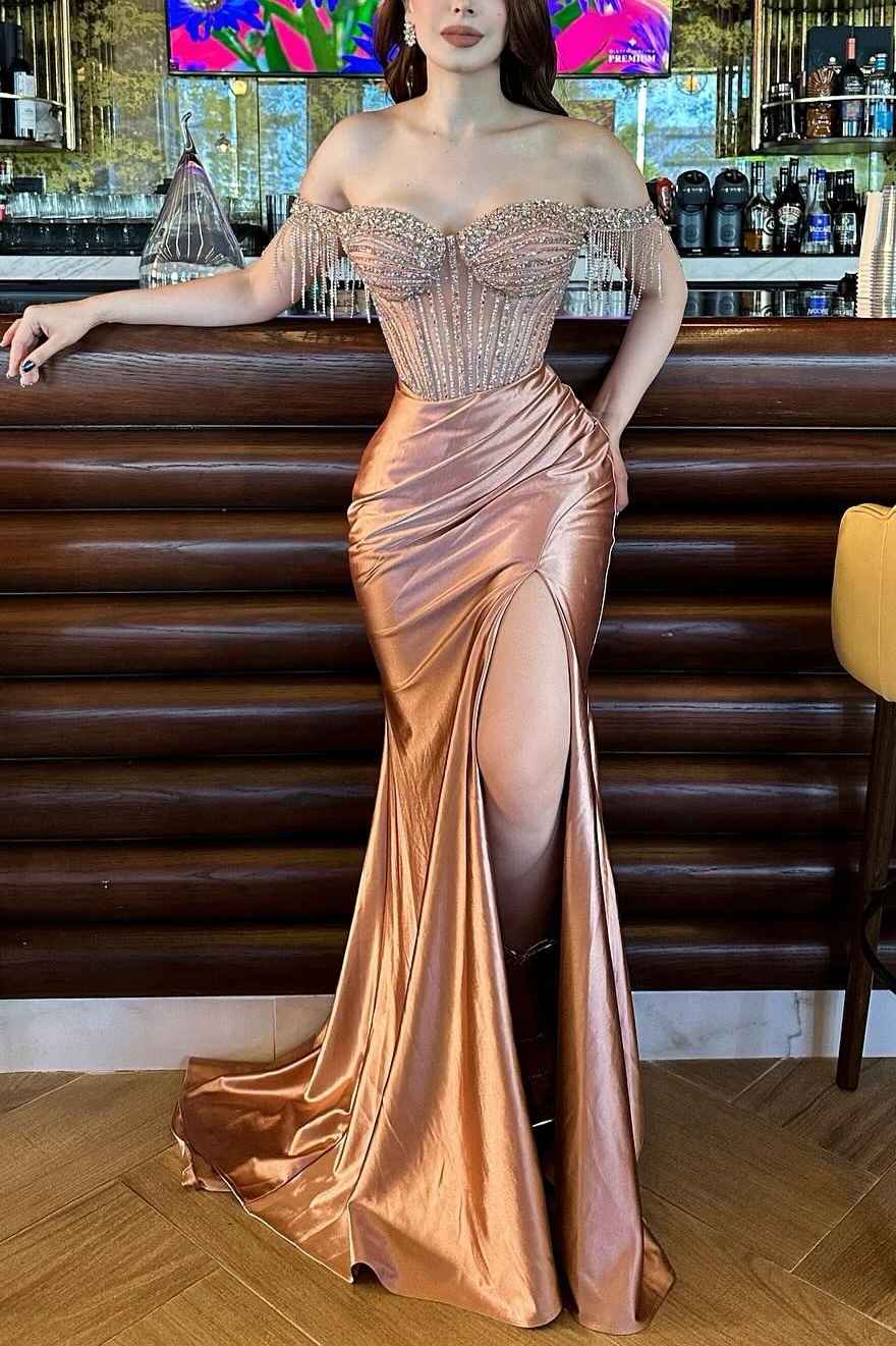 Sexy Satin Trumpet Beaded Off-ShoulderEmpire Ruched  Prom Dress