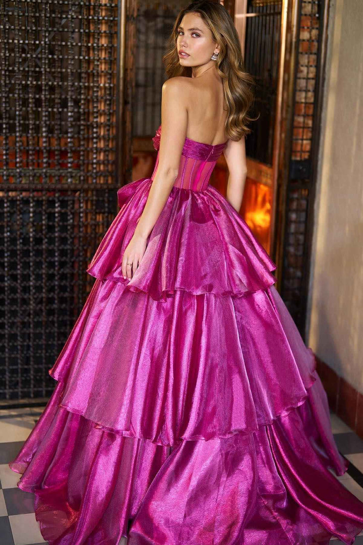 Chic Satin A-Line Strapless Sheer Empire Tiered Prom Dress
