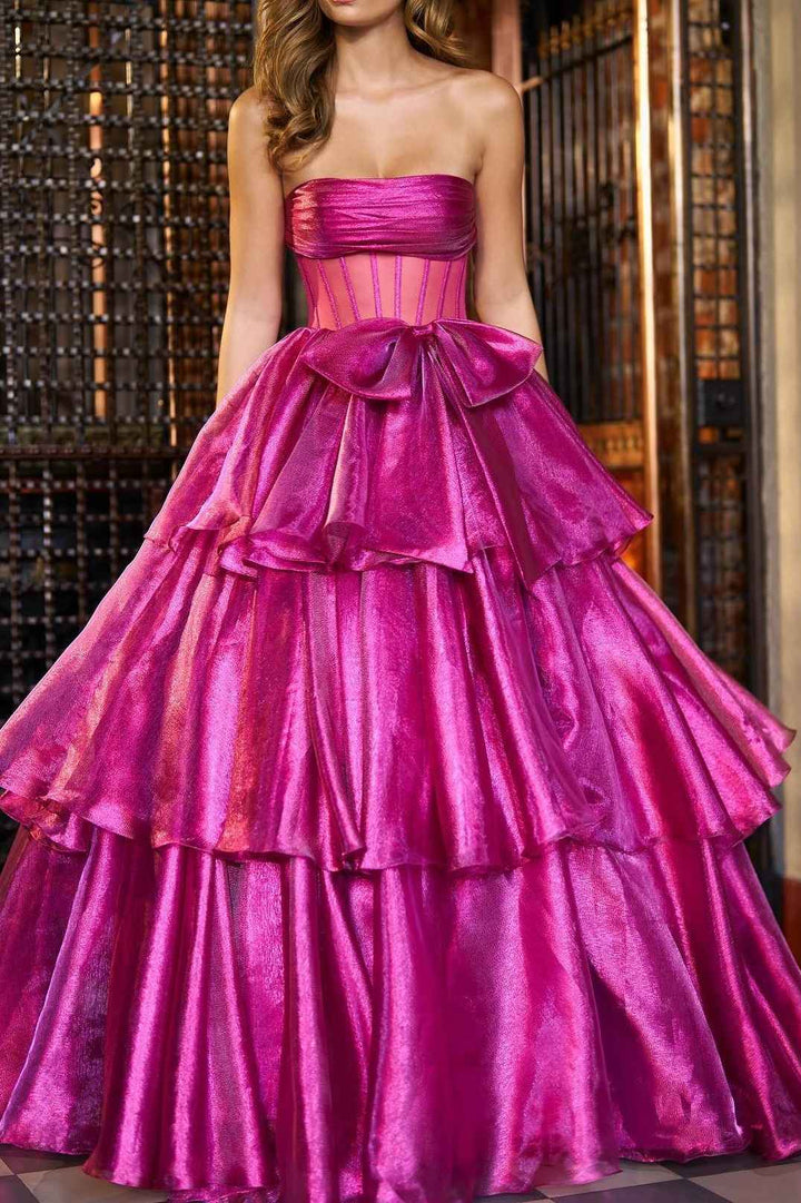 Chic Satin A-Line Strapless Sheer Empire Tiered Prom Dress